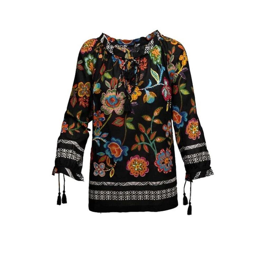 Artisan Black Embroidered Floral Short KikiSol Tassel Top Size Large